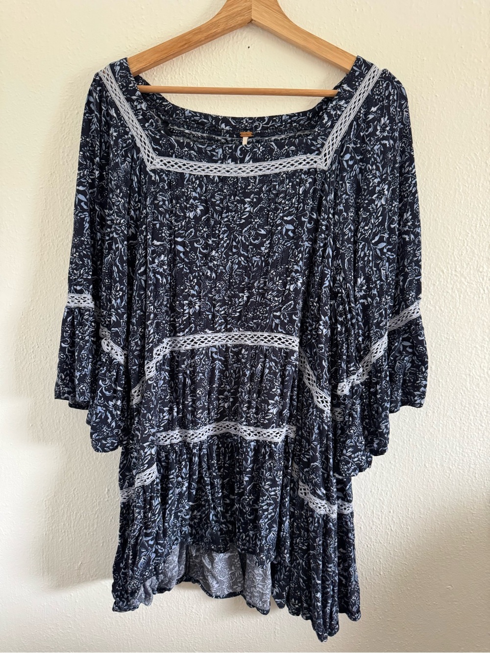 Free People Boho Navy Floral Lace-Trim Tunic